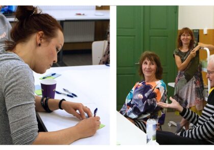 LAB University of Applied Sciences service design students and lecturers facilitating a workshop on sustainable services, discussing around the table with Anttilanmäki locals.