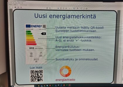 Kuvituskuva, jossa tietokoneen näytölle on avattu pdf-tiedosto uudesta energiamerkinnästä.