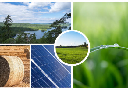 Kollaasi viidestä valokuvasta, joissa järvimaisema, heinäpeltoa, maaseutua, aurinkopaneeli ja vesipisara heinänkorrella.