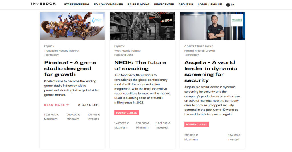 Three crowdfunding campaigns from Invesor platform. One game project and to others. maximum amounts the campaigns are seeking are between 990 000 - 1 447 870 euros.