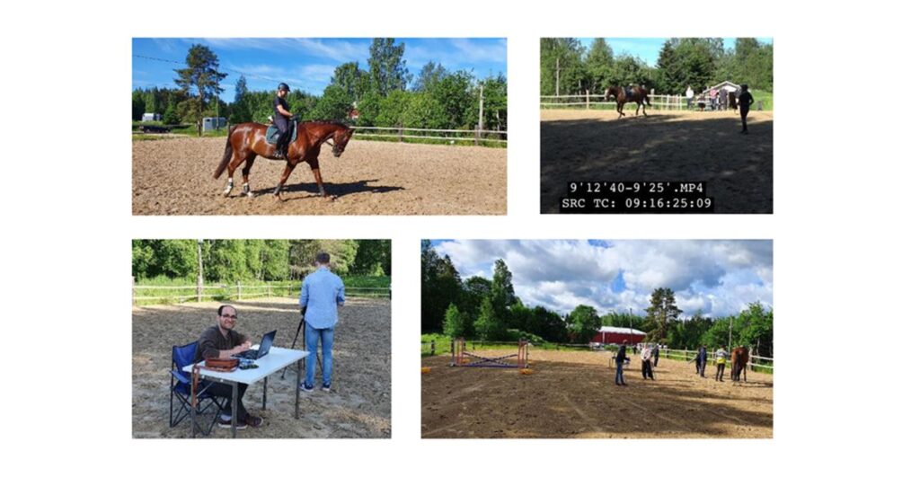 Horse Motion capture session images showing horse and rider, an example of timestamp footage for analysis and general team photos and a final image showing jump setup to capture jump motion from the real horse.