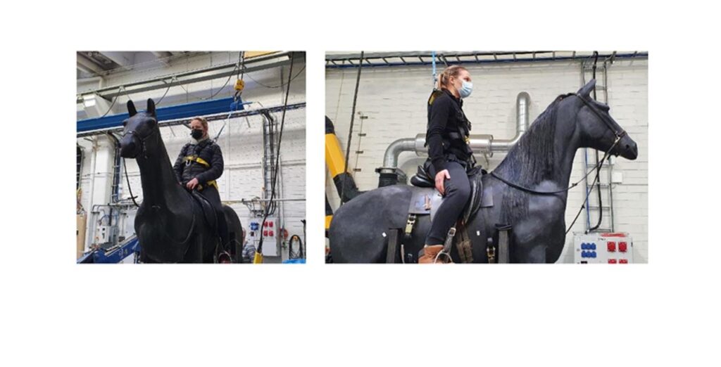 GP level rider on the left testing the platform. Physiotherapist with riding background testing the platform on right.