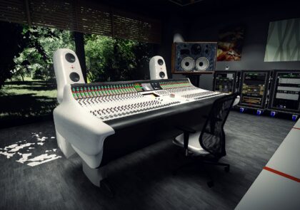 Kuvituskuvassa äänitysstudio konsoleineen ja kaiuttimineen.