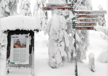 Illustration shows snow-covered metal signboard with information about Ukko-Koli and arrow-shaped distance signs next to it.