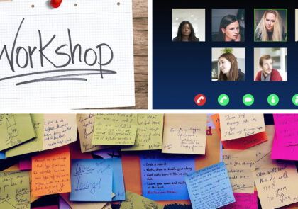 Kolmen valokuvan kollaasi, joista ensimmäisessä paperilapulla teksti workshop, toisessa ruutukaappaus verkkotyöpajasta ja kolmannessa post-it -lappuja.