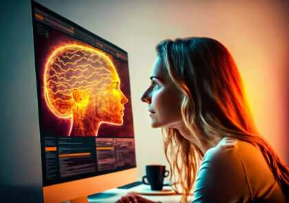 Kuvituskuvassa nainen istuu pöydän ääressä ja katsoo tietokoneen näyttöä. Näytössä on kuva ihmiskasvoista ja aivoista.