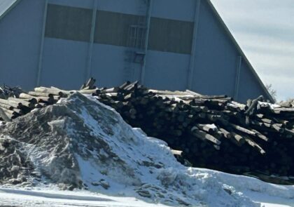 kyllästettyjä puupylväitä terminaalin varastoalueella