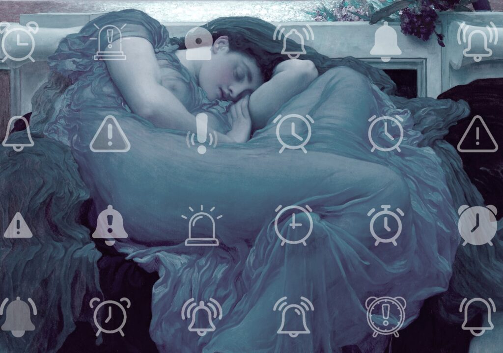 A person sleeping in a bed with images of different alarm symbols layered above.