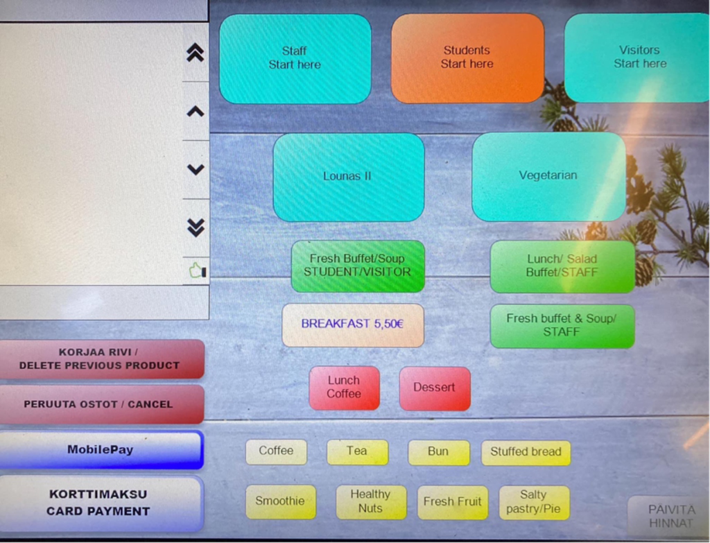 Colorful buttons in different shapes in the customer terminal interface.