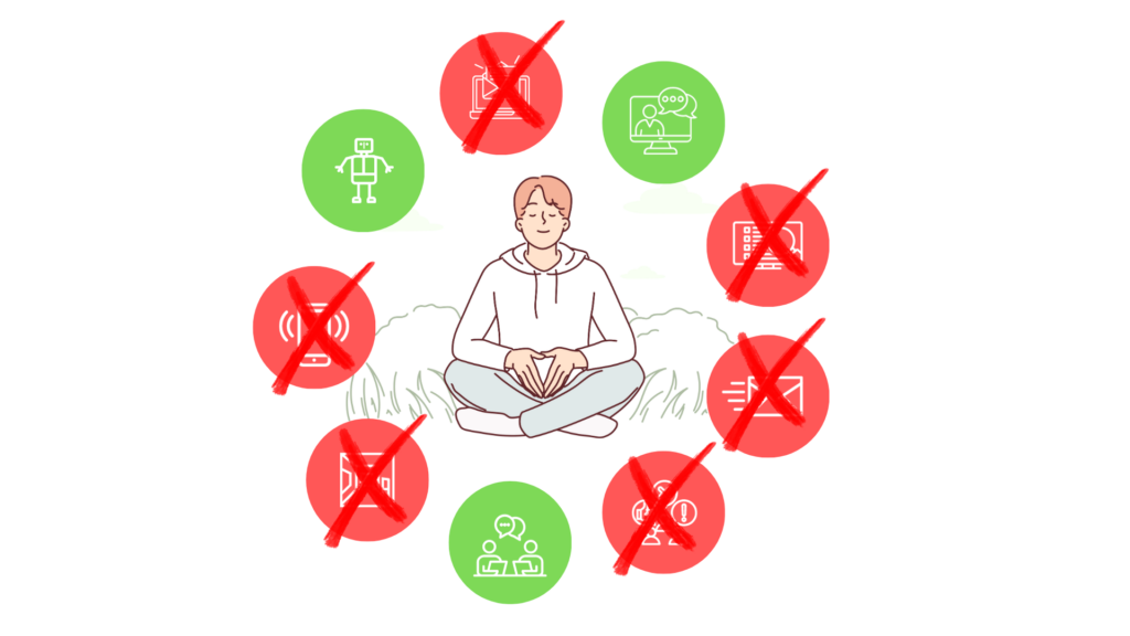 A calm customer surrounded by red circles that have been crossed over with images of app updates, e-mails, complicated websites, constant messaging and complicated physical environments and green circles with images of meetings, social robots and chats.