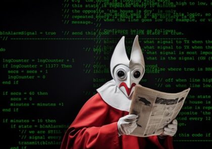 Carnival figure reading news in front of an enormous screen with green code