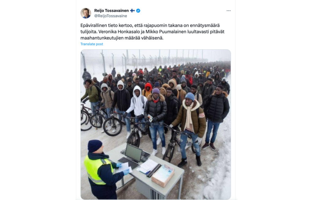 Hundreds of immigrants lined up with bicycles in front of customs officers outdoors in winter.