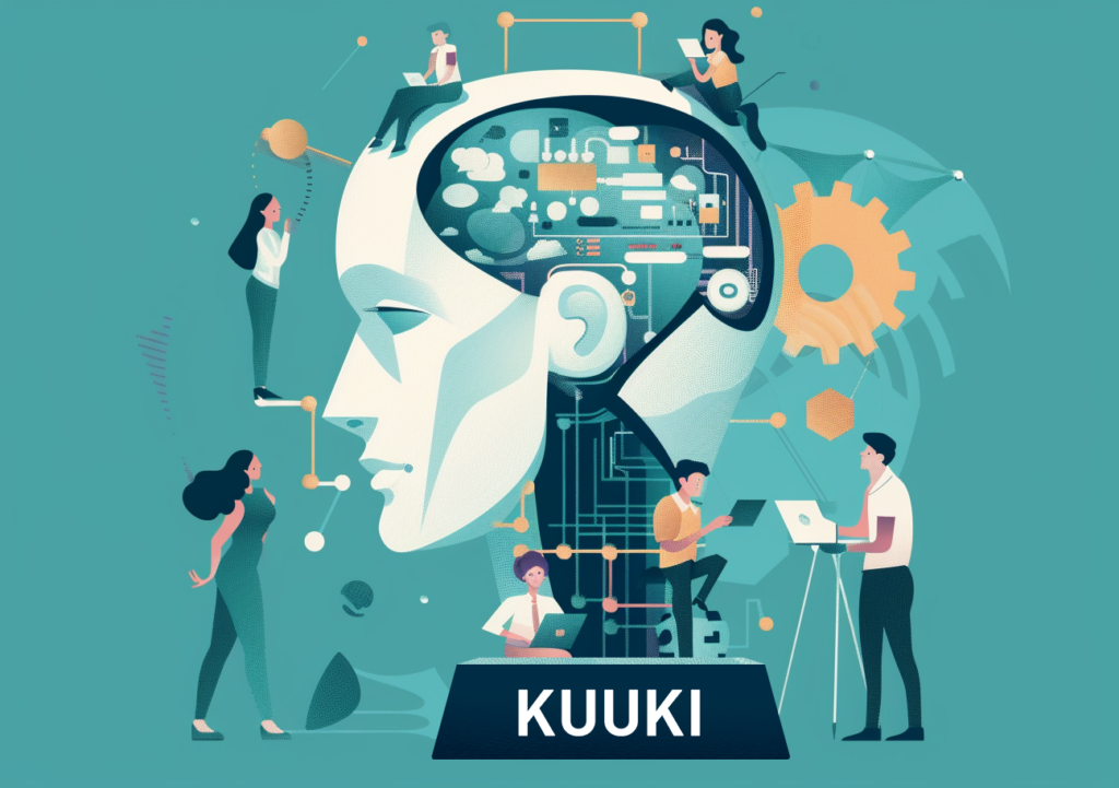 Abstrakti kuvitus aivoista täynnä digitaalitekniikkaa, ympäröitynä ihmishahmoilla ja tekniikan symboleilla, edustamassa tekoälyn mukanaan tuomaa innovaatioita Kuukin kaltaisiin markkinointi- ja teknologia yrityksiin. 