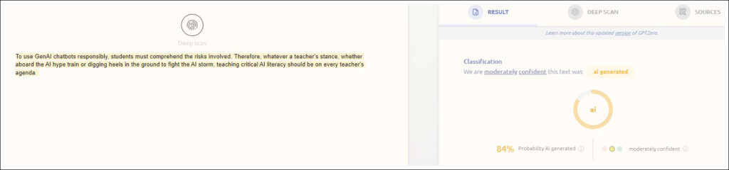 Srceenshot from ChatGPTZero, the content of the image is explained in the text.