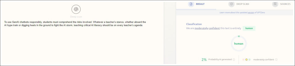 Srceenshot from ChatGPTZero, the content of the image is explained in the text.