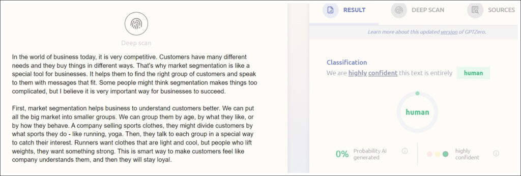 Srceenshot from ChatGPTZero, the content of the image is explained in the text.
