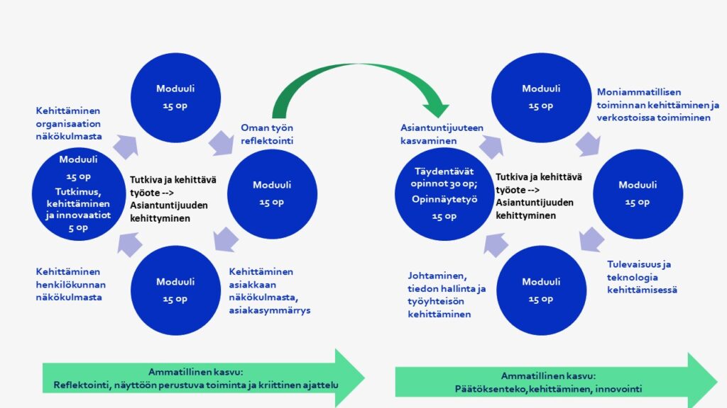 Opi ja kehitä toimintamallin kahdeksan opiskelumoduulin jäsentyminen kahdelle vuodelle ja niihin liittyvät kehittämisteemat. Sisältö avataan tarkemmin artikkelissa.
