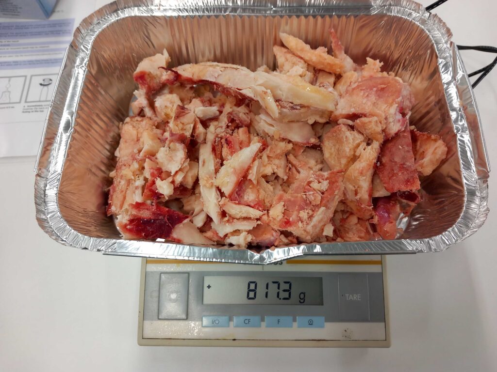 Jäiset, sirpaleiksi hajotetut luunkappaleet ovat foliovuoassa ja vaa’assa, joka näyttää 817,3 grammaa.