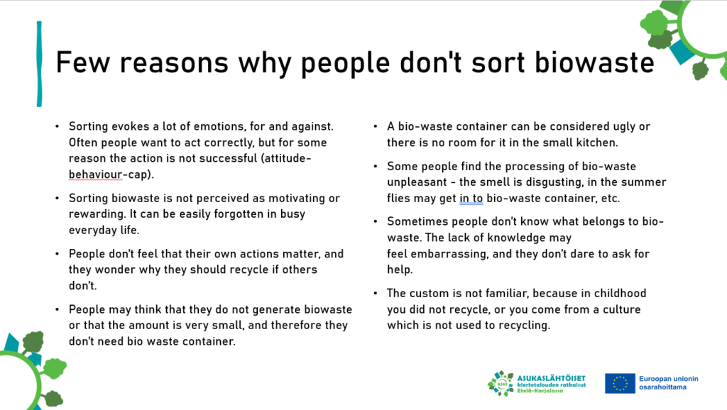 PowerPoint slide which presents few reasons why people don’t sort biowaste.