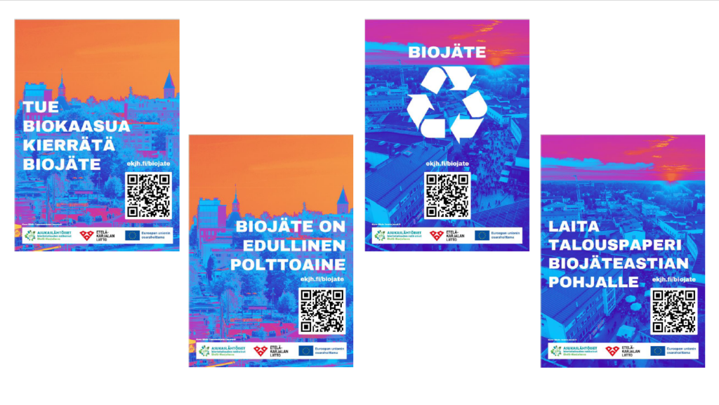 Four blue-orange posters promoting sorting of biowaste.