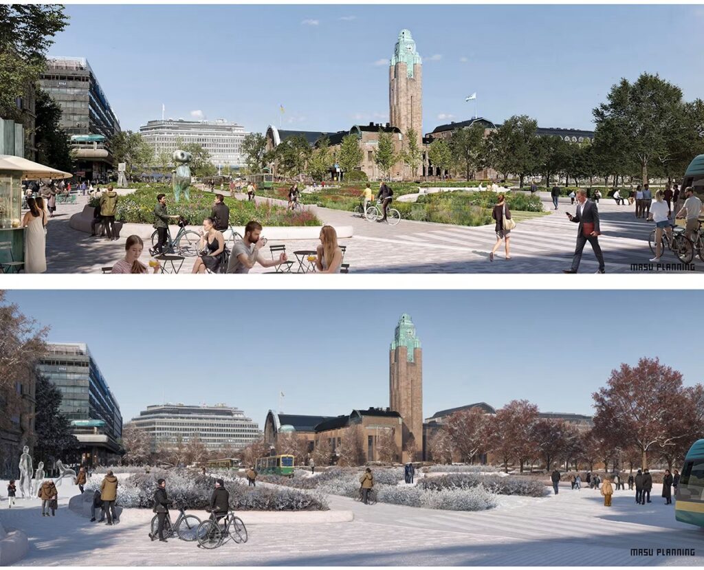 Two visualisation illustrations displaying the city centre of Helsinki in summer and in winter.