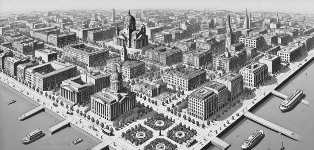 Black and white drawing of a big city.