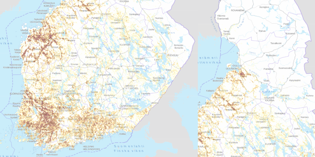 Yellow and brown colors on the map of Finland indicate the estimated volumes of straw. The darker the colour, the higher the volume. The highest straw volumes are in the coastal areas of Finland; in Southern Finland, Southwest Finland and Ostrobothnia. To north from Oulu, there is no straw potential at all.