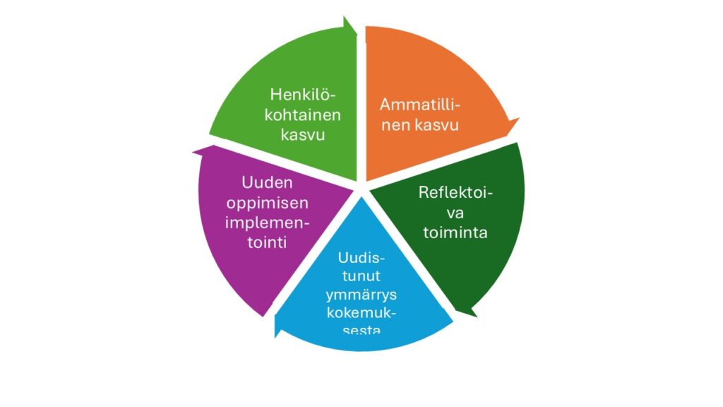 Viisiosainen syklinen kaavio, jossa osien nimet ovat henkilökohtainen kasvu, ammatillinen kasvu, reflektoiva toiminta, uudistunut ymmärrys kokemuksesta ja uuden oppimisen implementointi.