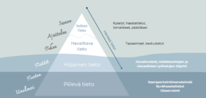 Graafinen kuva jäävuoresta, jossa "unelmoi", "tuntee" ja "tietää" sanat jäävät veden alle. Vedenalainen osuus kuvaa piileväksi ja hiljaiseksi tiedoksi nimettyjä tiedon teemoja. "Tekee", "ajattelee" ja "sanoo" sanat näkyvät pinnan yläpuolella ja kuvastavat havaittavaa ja selkeää tietoa.