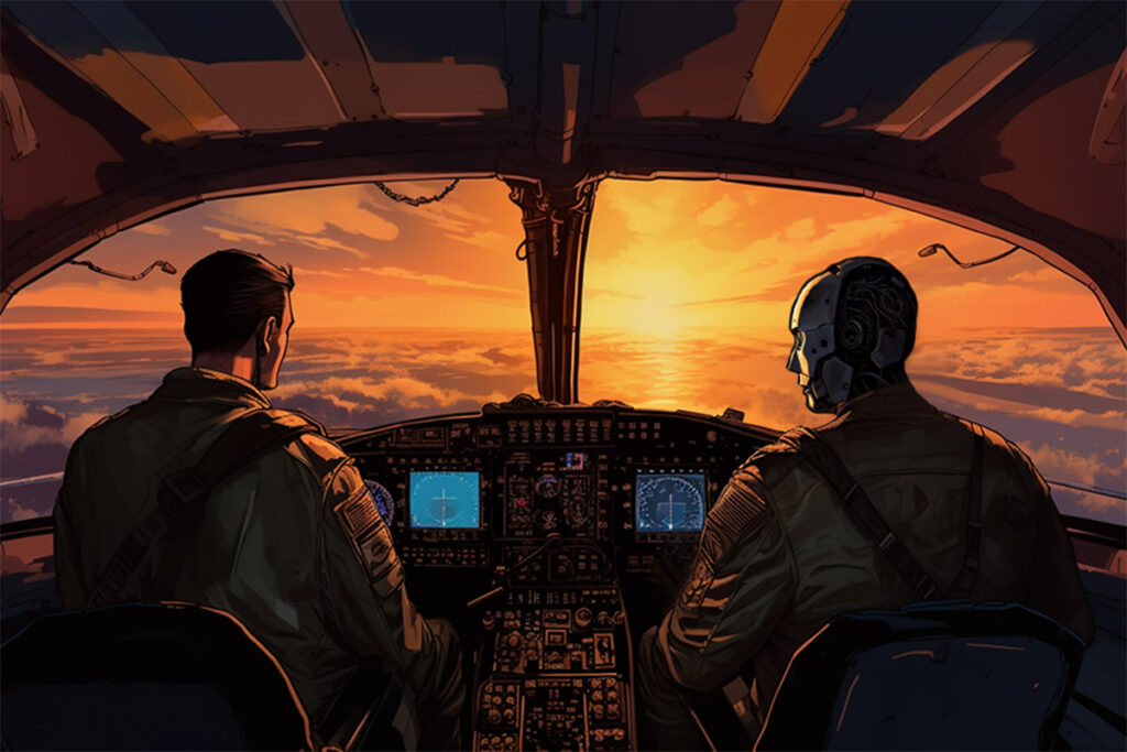 Two men are sitting in the cockpit of an aircraft.