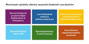 Infograafissa on omissa laatikoissaan koulutuksen osa-alueet: tutustumiskäynnit ja vierailut, luennot, itsenäisen työskentelyn osuus, kaupunkikävelyt sekä tyhmätyöskentely ja yhteisen suunnittelutehtävän esittely ja palaute. Infograafin sisältöä kuvataan lähemmin leipätekstissä.