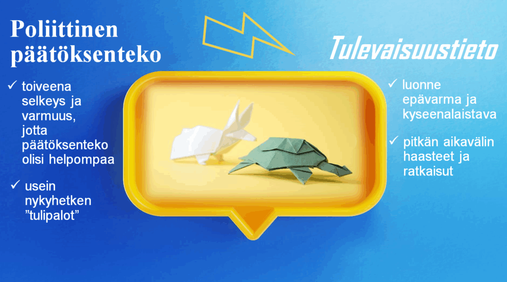 Tulevaisuutta ei vielä ole, joten tulevaisuuteen liittyvä tieto on aina epävarmaa. Poliittinen päätöksenteko toivoo selkeyttä ja varmuutta. Tulevaisuustiedon aikajänne on pitkä, kun päätöksenteossa keskitytään usein nykyhetken ongelmiin. Nämä tuovat kuntien ennakointiin omat haasteensa.