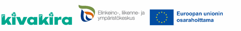 Kolme logoa, josta ensimmäisessä vihreällä teksti kivakira ja kaksi muuta rahoittajien viralliset logot (Elinkeino, - liikenne- ja ympäristökeskus, Euroopan unionin osarahoittama).