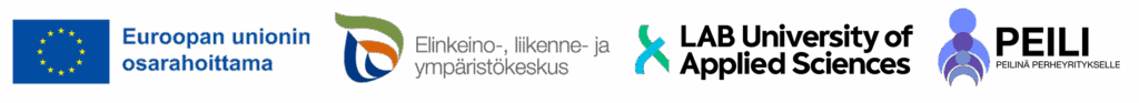 Rahoittajien logot (Euroopan unioni, ELY-keskus, LAB ja PEILI-hanke)