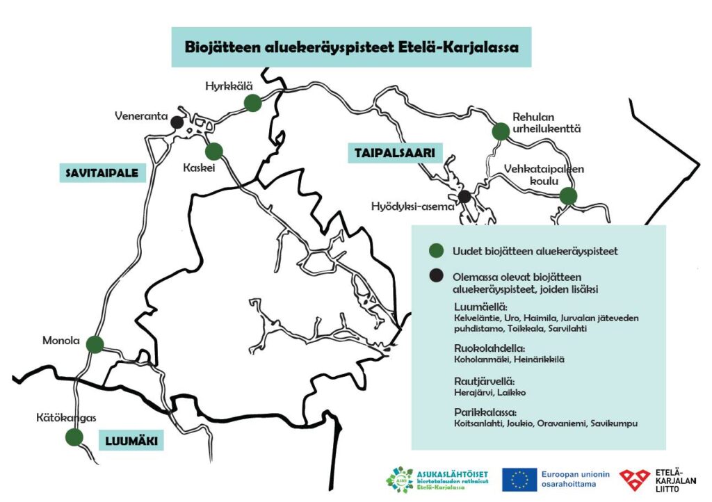 Biojätteen aluekeräyspisteet Etelä-Karjalassa. Uudet kokeilussa perustetut pisteet sijaitsevat Savitaipaleen Kaskeissa, Monolassa ja Hyrkkälässä, Taipalsaarella Vehkataipaleen koululla ja Rehulan urheilukentällä sekä Luumäellä Kätökankaalla.