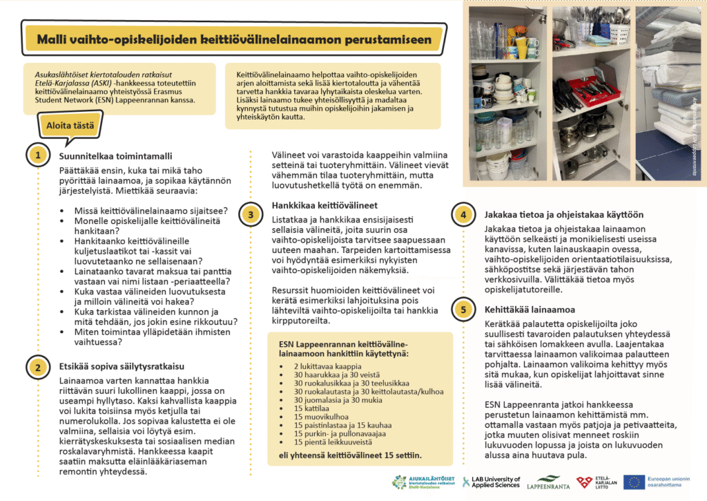 Kuvassa on kirjalliset ohjeet vaihe vaiheelta keittiövälinelainaamon perustamiseen ja valokuva valmiista lainaamosta, jossa on kaapin hyllyille järjesteltynä astiapinoja, aterimia ja kattiloita ja keittiövälineiden lisäksi pöytä, jolle on pinottu patjoja.