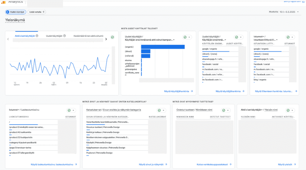 Näkymä Google Analytics -raportista, jossa on visualisointeja ja tunnuslukuja liittyen mm. verkkokaupan käyttäjiin ja eniten katseltuihin sivuihin.