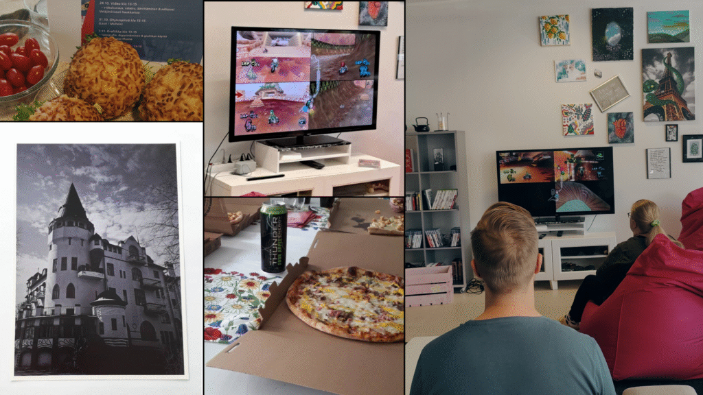 Viiden valokuvan kollaasi, ensimmäisessä kuvassa evässämpylöitä, toisessa jugendtyylinen rakennus, kolmannessa tv-ruutu jolla auki jokin peli, neljännessä avoin pizzalaatikko ja viimeisesssä selin kameraan kolme henkilöä, jotka pelaavat jotain peliä konsolilla.