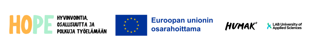 HOPEn toteuttajien logot: HOPE, Euroopan unionin osarahoittama, HUMAK, LAB-ammattikorkeakoulu