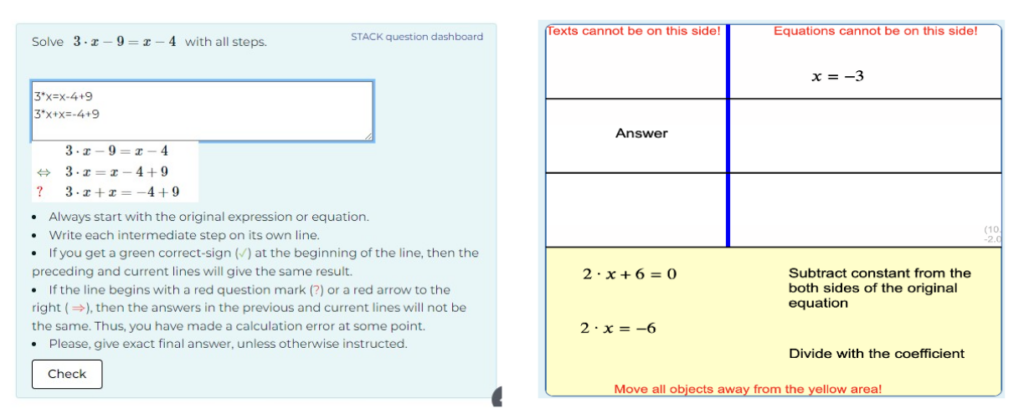 Vasemmalla kuva, jossa näkyy opiskelijan virheellinen välivaihe. Oikealla kuva, jossa ohjeistetaan oikeaan toimintaan