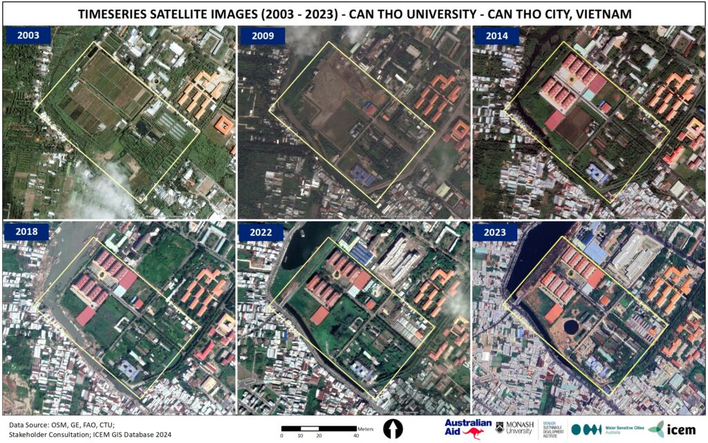 A timeseries of six satellite images showing the urbanization of the study area from 2003 to 2023.