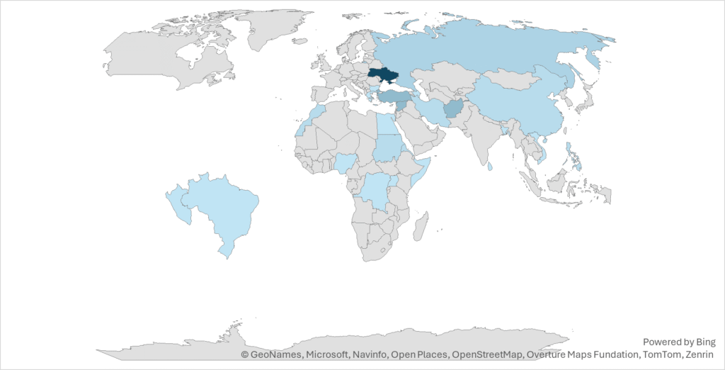 Kartassa esitetään osallistujien 24 lähtömaata. Enemmistö (20 hlöä) on kotoisin Ukrainasta. Afganistanista, Syyriasta ja Turkista tulee 6 hlöä per maa, Venäjältä 3 hlöä. Eritreaa, Kiinaa, Sudania, Marokkoa, Filippiinejä ja Irania edusti 2 hlöä per maa. Muista maista (Peru, Brasilia, Bulgaria, Kreikka, Egypti, Vietnam, Bangladesh, Nigeria, Uganda, Kongo, Azerbaijan, Somali, Sri Lanka) oli vaan yksi osallistuja per maa.