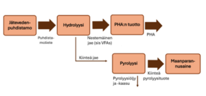Kaaviossa 4. esitetään kolmannen skenaarion prosessi. Jätevedenpuhdistamolta ohjataan puhdistamoliete hydrolyysiin, josta nestemäinen jae (sisältää VFA:ita) siirtyy PHA:n tuotantoon, josta muodostuu PHA:ta. Kiinteä jae hydrolyysista menee pyrolyysiin, josta saadaan kiinteää pyrolyysituotetta maanparannukseen. 