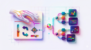 Abstrakti kuvitus, jossa käsi ohjaa säätimien ja valitsimien kautta järjestelmää. Oikealla puolella järjestelmä tuottaa useita vaihtoehtoisia lopputuloksia kaavioina ja kuvakkeina.
