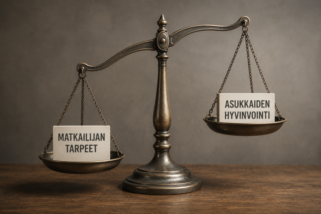 Vaaka missä matkailijan tarpeet -punnus painaa enemmän kuin asukkaiden hyvinvointi -punnus.