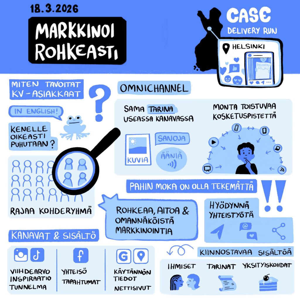 Markkinoi rohkeasti, rajaa kohderyhmää. Omnichannel – sama tarina useassa kanavassa. Pahin moka on olla tekemättä. Rohkeaa, aitoa ja omannäköistä markkinointia. Kiinnostavaa sisältöä: ihmiset, tarinat, yksityiskohdat.
