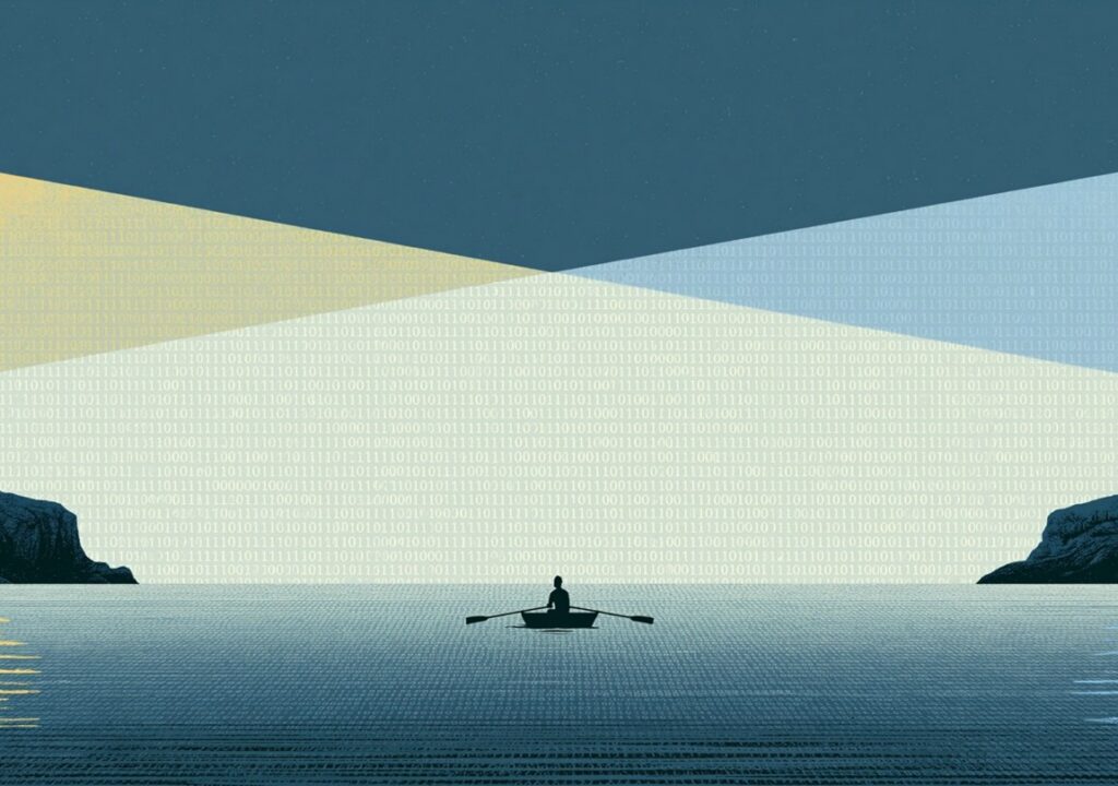 Two lighthouses cast beams of light, one warm and one cool, that meet above a lone figure rowing across a sea of binary code. Midjourney / Harri Heikkilä