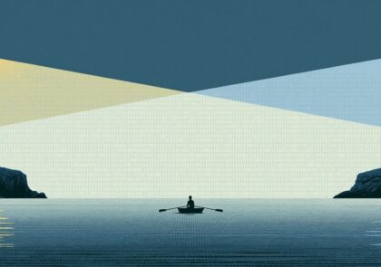 Two lighthouses cast beams of light, one warm and one cool, that meet above a lone figure rowing across a sea of binary code. Midjourney / Harri Heikkilä