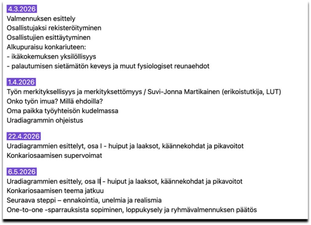 Kuva valmennusohjelman aikataulusta keväällä 2026. Kuvassa on neljä päivämäärää (4.3., 1.4., 22.4. ja 6.5.2026), joiden alle on listattu tapaamisten teemat. Aiheet käsittelevät muun muassa valmennuksen esittelyä, osallistujien tutustumista, työn merkityksellisyyttä, työssä innostumista, uradiagrammeja sekä osaamisen kehittymistä ja tulevaisuuden suunnittelua. Viimeisessä tapaamisessa mainitaan myös henkilökohtaiset sparraukset, loppukysely ja valmennuksen päätös.
